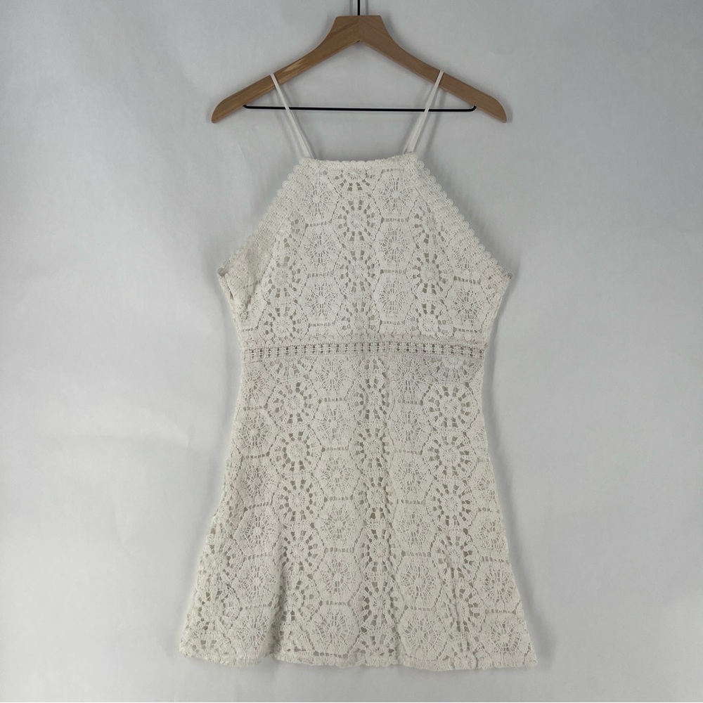 Open Edit White Lace Crochet High Neck Halter A-Line Mini Cocktail Dress Size L - Picture 11 of 14